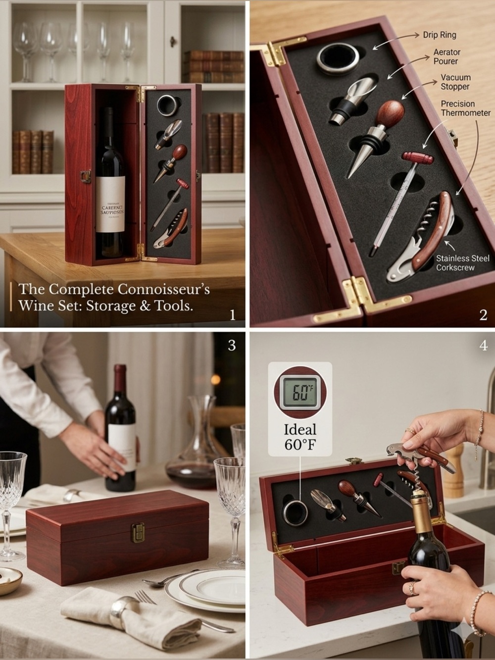 NWT Deluxe Wood Wine Gift Box Case with 5-Piece Sommelier Tool Accessory Set